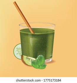 Old fashioned glass with bamboo straw. Spinach green smoothie with kiwi, cucumber and lime decoration. Vector realistic