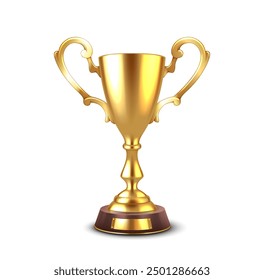 Old fashioned golden cup with handles realistic vector illustration. Precious trophy of complicated competition 3d object on white background