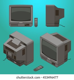 Old fashioned gray television with remote control isometric vector 