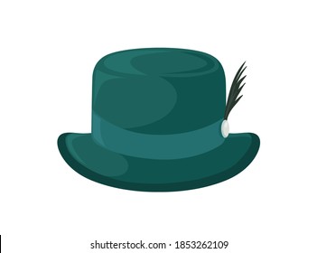 Old fashioned green bavarian brimmed hat decorated with feather. Traditional woolen headdress. Flat vector cartoon illustration of alpine headwear isolated on white background
