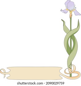 Old fashioned hand drown Iris flower elegantly tied to a paper scroll