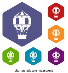 Old fashioned helium balloon with basket icons set hexagon isolated vector illustration