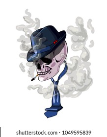 Old fashioned human scull with a hat and a tie smoking cigarette.