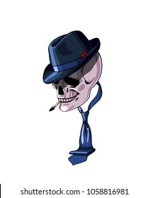 Old fashioned human scull with a hat and a tie holding cigarette.