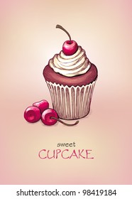 Old fashioned illustration of cupcake with cherry