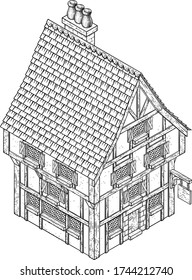 An old fashioned inn, pub or public house fantasy isometric vintage woodcut style Tudor building map icon or illustration.