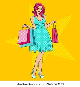 Old fashioned lady with the bags in vintage style. Pin up girl. Special offer advertising poster with Pop Art woman on it. Star. Illustration vector