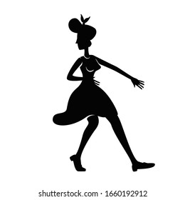 Old fashioned lady dancing black silhouette vector illustration. 1940s style female person in jive pose. Swing rockabilly dancer 2d cartoon character shape for commercial, animation, printing