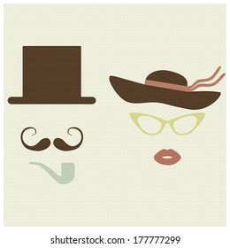 Old fashioned lady and gentleman accessories. Retro, vintage, vector illustration.