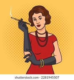 old fashioned lady woman smoking cigarette in cigarette holder pinup pop art retro vector illustration. Comic book style imitation.