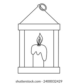 Old fashioned lantern with burning candle, front view, doodle style vector outline for coloring book