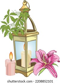 Old fashioned lantern with purple lily, candles and virginia creeper. Vector image