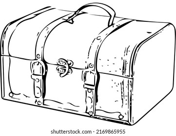 Old - fashioned leather trunk with belts, retro chest, coffer, suitcase – contour vector