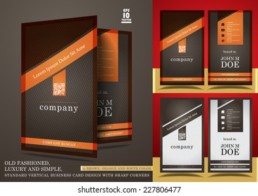 Old fashioned, luxury and simple, standard vertical, business card design, in brown, orange and white color.