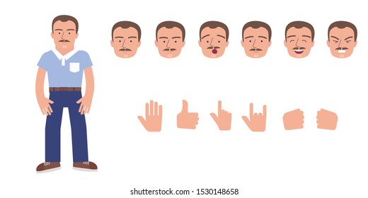 Old fashioned man cartoon character set. Flat vector. Pack of emotions and gestures.