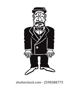 Old fashioned man in gentleman hat, silhouette monochrome vector