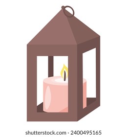 Old fashioned metal lantern with burning pink candle, front view, flat vector