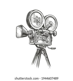 Old fashioned movie film camera sketch. Video production concept vintage vector illustration
