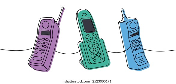 Los teléfonos antiguos configuran un dibujo continuo de color de una línea. Antiguos artilugios de comunicación. Ilustración lineal de Vector.