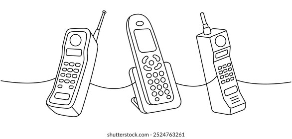 Los teléfonos antiguos establecen un dibujo continuo de una línea. Antiguos artilugios de comunicación. Ilustración lineal de Vector.