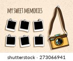 old- fashioned photo camera and six photo handing on nails, retro textured beige background,   sketch vector illustration