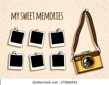 old- fashioned photo camera and six photo handing on nails, retro textured beige background,   sketch vector illustration