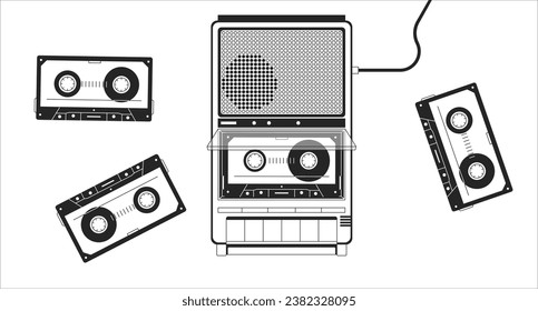 Old fashioned player cassette tapes black and white lofi wallpaper. Portable device vintage 2D outline objects cartoon flat illustration. Retro record music 80s vector line lo fi aesthetic background