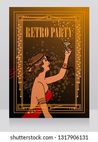 Old fashioned poster in art nouveau style with retro woman drinking champagne and classical frame, can be used as party invitation, vector illustration