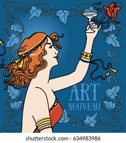 Old fashioned poster in art nouveau style with retro woman drinking champagne and floral frame, can be used for party invitations, autumn colors, vector illustration