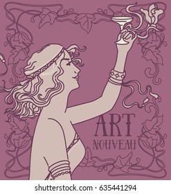 Old fashioned poster in art nouveau style with retro woman drinking champagne and floral frame, can be used for party invitations, lilac colors, vector illustration