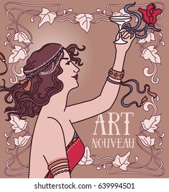 Old fashioned poster in art nouveau style with retro woman drinking champagne and floral frame, can be used for party invitations, vector illustration