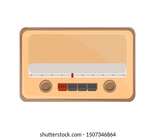 Old fashioned radio flat vector illustration. Vintage audio appliance with knobs. Retro sound electronic device. Classic music and news listening tool. Portable shortwave broadcast receiver
