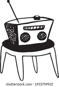 Old fashioned radio on a small chair- black and white image. Isolated element on white background. Vector illustration made after hand drawn sketch.