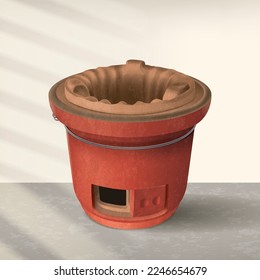 Old Fashioned Red Clay Charcoal Stove Realistic Illustration