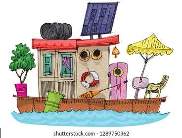 Old fashioned residential boathouse . Ecological supplied habitable floating house. Cartoon. Caricature.
