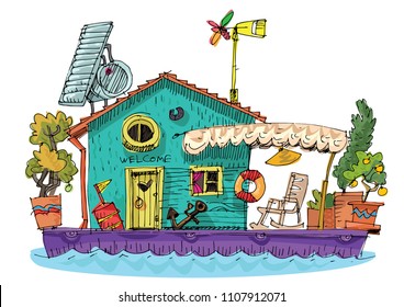 Old fashioned residential boathouse with a motor boat parked beside it. Ecological supplied habitable floating house.