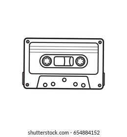 Old fashioned, retro audio cassette from 90s, sketch vector illustration isolated on white background. Front view of hand drawn audio cassette, tape with empty label sticker, retro object from 90s