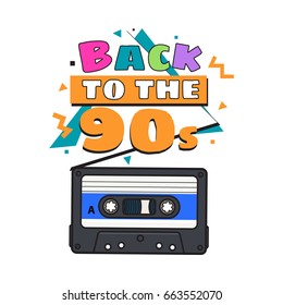 Old fashioned, retro audio cassette from 90s, sketch vector illustration isolated on white background. Front view of hand drawn audio cassette, tape with empty label sticker, retro object from 90s