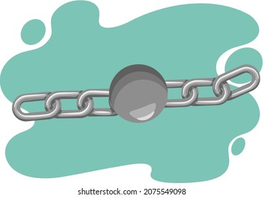 Old fashioned or retro ball and iron chain concept illustration for detention or imprisonment. Obsolete heavy leg irons. Silver jail chain with heavy shackle, criminal design, restriction of freedom