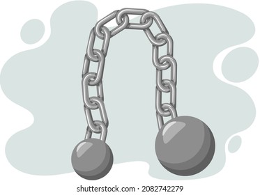 Old fashioned or retro ball and iron chain concept illustration for detention or imprisonment. Obsolete heavy leg irons. Silver jail chain with heavy shackle, criminal design, restriction of freedom