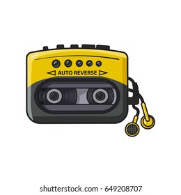 Alter, schwarz-gelber Retro-Audio-Player, Walkman aus den 90er Jahren, Skizze, Vektorgrafik einzeln auf weißem Hintergrund. Vorderansicht des handgezeichneten Audio-Players, Walkman mit Ohrknospen, Kopfhörer