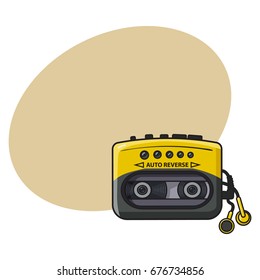 Old fashioned, retro black and yellow audio player, walkman from 90s, sketch vector illustration with space for text. Front view of hand drawn audio player, walkman with ear buds, head phones