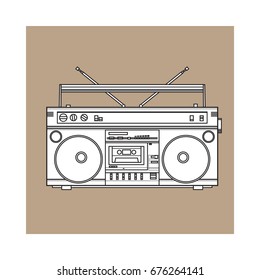 Old fashioned, retro style audio tape recorder, ghetto boom box from 90s, sketch vector illustration isolated on brown background. Front view of hand drawn audio tape recorder, boom box