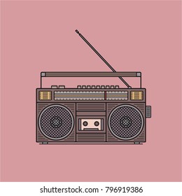 Old fashioned, retro style audio tape recorder, ghetto boom box from 90s, vector illustration isolated on pink background. Front view of audio tape recorder
