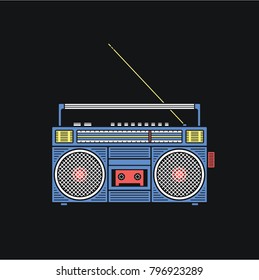 Old fashioned, retro style audio tape recorder, ghetto boom box from 90s, vector illustration isolated on black background. Front view of audio tape recorder