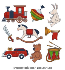 Old fashioned and retro toys for children to play. Wooden horse, locomotive and plush teddy bear. Bunny with long ears, car and trumpet, sword and music instrument drum. Vector in flat style