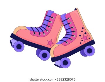 Old fashioned roller skates 80s funky 2D linear cartoon object. Leisure activity 90s accessory isolated line vector element white background. Trendy vintage footwear color flat spot illustration