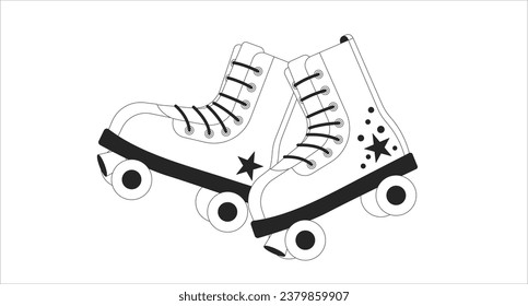 Old fashioned roller skates black and white lofi wallpaper. Summer activities rollerskates vintage 2D outline objects cartoon flat illustration. Entertainment vector line lo fi aesthetic background