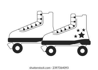 Old fashioned roller skates black and white 2D line cartoon object. Vintage rollerskates isolated vector outline item. Summertime leisure activity equipment monochromatic flat spot illustration