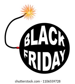 An old fashioned round black bomb with a lit fuse and the text Black Friday